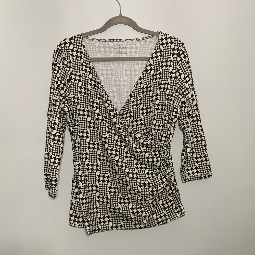 Talbots Black and White Faux Wrap Blouse